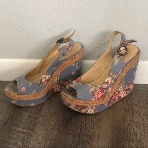 Blue Floral Print Wedges